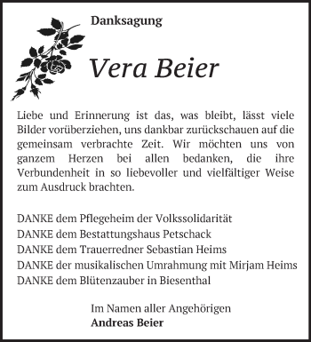 Traueranzeige von Vera Beier von Märkische Oderzeitung