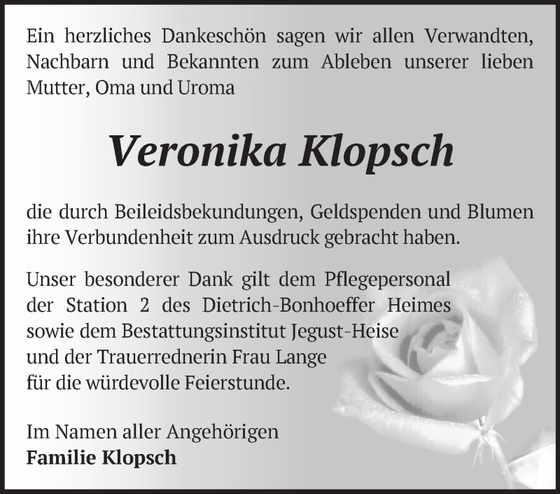  Traueranzeige für Veronika Klopsch vom 16.01.2021 aus Märkische Oderzeitung