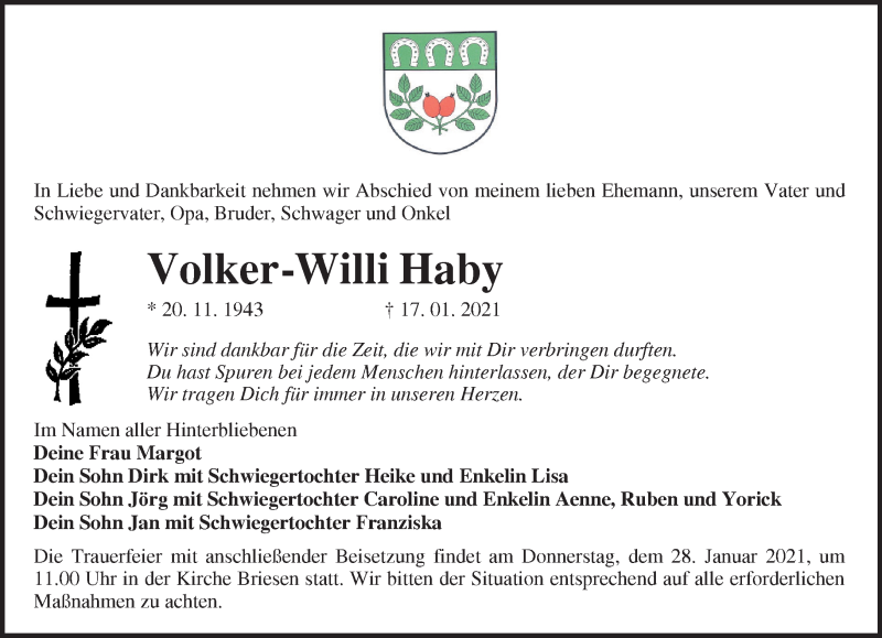  Traueranzeige für Volker-Willi Haby vom 26.01.2021 aus Märkische Oderzeitung