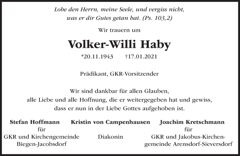  Traueranzeige für Volker-Willi Haby vom 30.01.2021 aus Märkische Oderzeitung