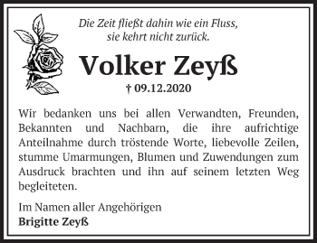 Traueranzeige von Volker Zeyß von Märkische Oderzeitung