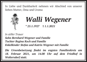 Traueranzeige von Walli Wegener von Märkische Oderzeitung