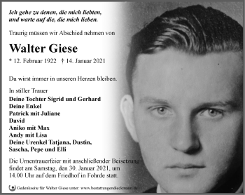 Traueranzeige von Walter Giese von Märkische Oderzeitung