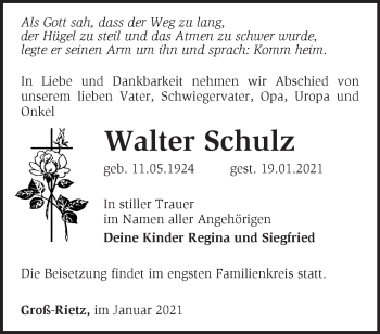 Traueranzeige von Walter Schulz von Märkische Oderzeitung