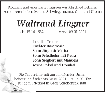 Traueranzeige von Waltraud Lingner von Märkische Oderzeitung