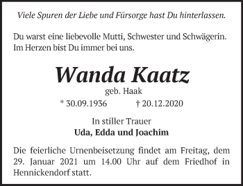 Traueranzeige von Wanda Kaatz von Märkische Oderzeitung