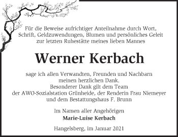 Traueranzeige von Werner Kerbach von Märkische Oderzeitung