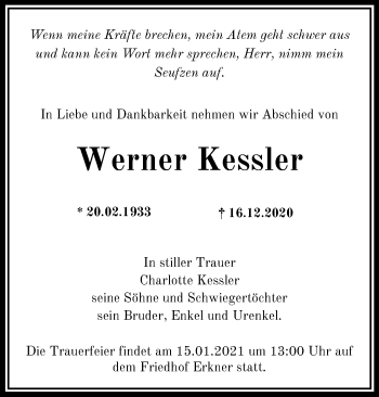 Traueranzeige von Werner Kessler von Märkische Oderzeitung