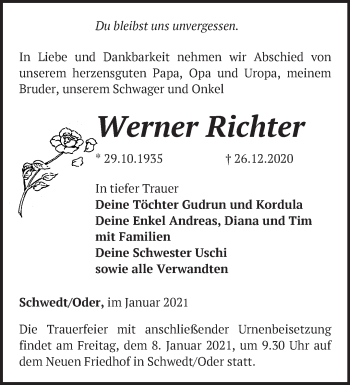 Traueranzeige von Werner Richter von Märkische Oderzeitung