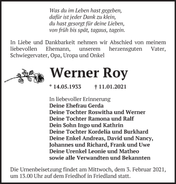 Traueranzeige von Werner Roy von Märkische Oderzeitung