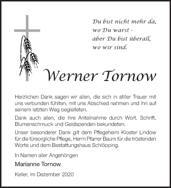 Traueranzeige von Werner Tornow von Märkische Oderzeitung