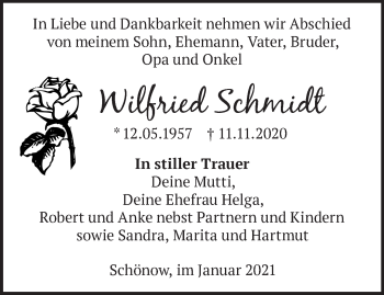 Traueranzeige von Wilfried Schmidt von Märkische Oderzeitung