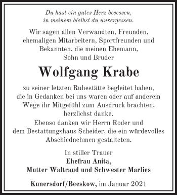 Traueranzeige von Wolfgang Krabe von Märkische Oderzeitung