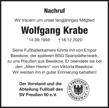 Traueranzeige von Wolfgang Krabe von Märkische Oderzeitung