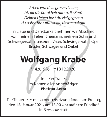 Traueranzeige von Wolfgang Krabe von Märkische Oderzeitung