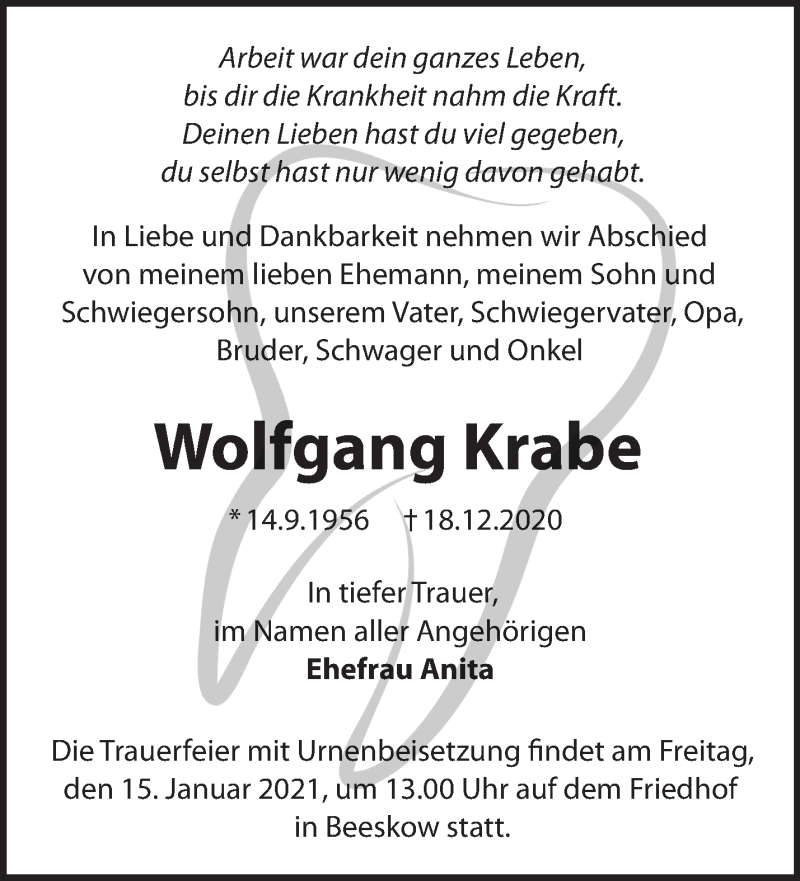  Traueranzeige für Wolfgang Krabe vom 02.01.2021 aus Märkische Oderzeitung