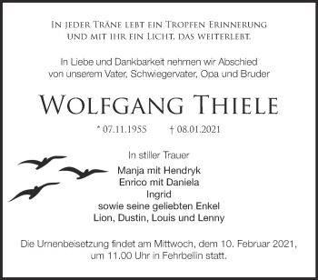 Traueranzeige von Wolfgang Thiele von Märkische Oderzeitung