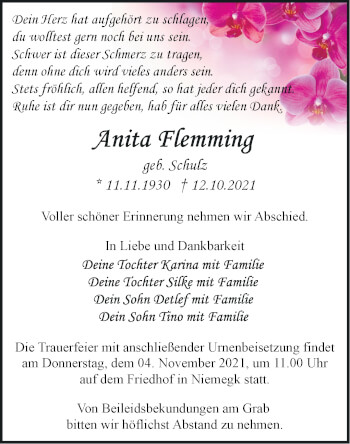 Traueranzeige von Anita Flemming von Märkische Oderzeitung