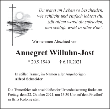 Traueranzeige von Annegret Willuhn-Jost von Märkische Oderzeitung