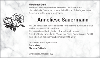 Traueranzeige von Anneliese Sauermann von Märkische Oderzeitung