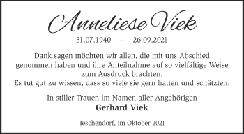 Traueranzeige von Anneliese Viek von Märkische Oderzeitung