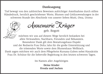 Traueranzeige von Annemarie Krüger von Märkische Oderzeitung