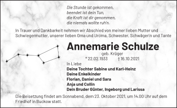 Traueranzeige von Annemarie Schulze von Märkische Oderzeitung