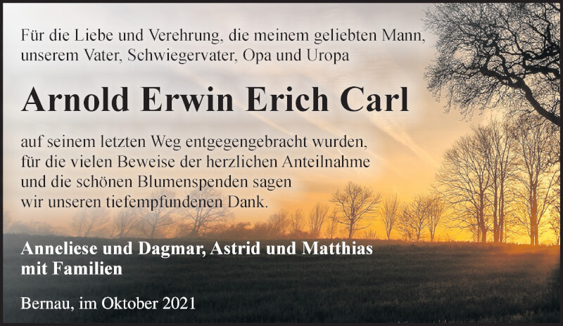  Traueranzeige für Arnold Erwin Erich Carl vom 09.10.2021 aus Märkische Oderzeitung