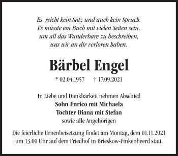 Traueranzeige von Bärbel Engel von Märkische Oderzeitung