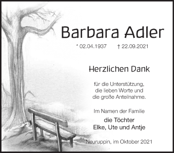 Traueranzeige von Barbara Adler von Märkische Oderzeitung