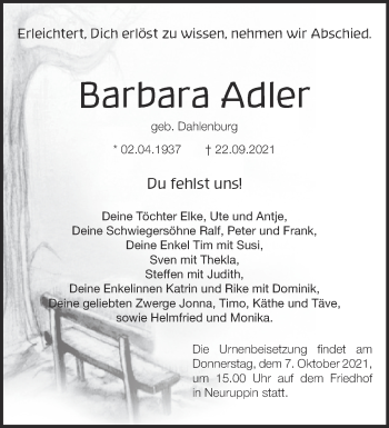 Traueranzeige von Barbara Adler von Märkische Oderzeitung