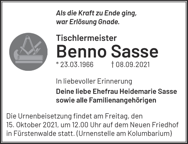  Traueranzeige für Benno Sasse vom 02.10.2021 aus Märkische Oderzeitung