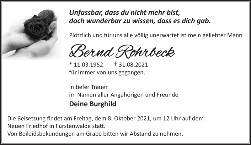  Traueranzeige für Bernd Rohrbeck vom 02.10.2021 aus Märkische Oderzeitung