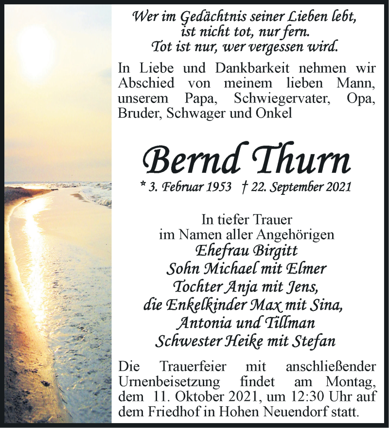  Traueranzeige für Bernd Thurn vom 02.10.2021 aus Märkische Oderzeitung