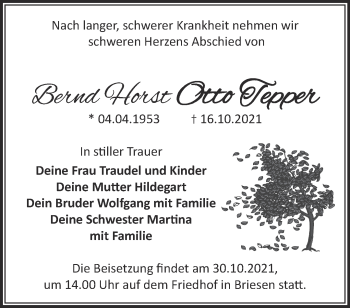 Traueranzeige von Bernd Horst Otto Tepper von Märkische Oderzeitung