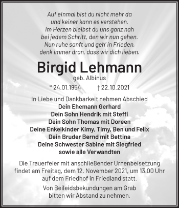 Traueranzeige von Birgid Lehmann von Märkische Oderzeitung