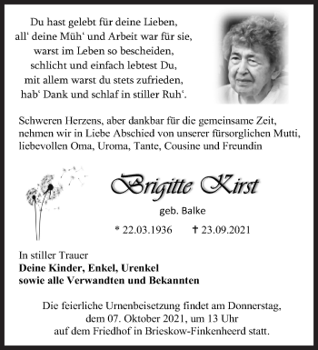 Traueranzeige von Brigitte Kirst von Märkische Oderzeitung