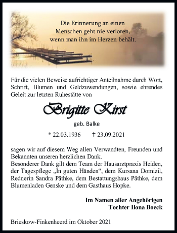 Traueranzeige von Brigitte Kirst von Märkische Oderzeitung