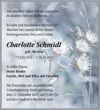 Traueranzeige von Charlotte Schmidt von Märkische Oderzeitung