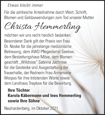 Traueranzeige von Christa Hemmerling von Märkische Oderzeitung