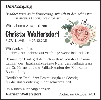 Traueranzeige von Christa Woltersdorf von Märkische Oderzeitung