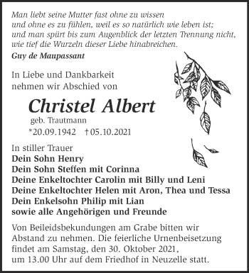 Traueranzeige von Christel Albert von Märkische Oderzeitung