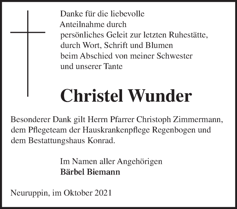 Traueranzeige für Christel Wunder vom 23.10.2021 aus Märkische Oderzeitung