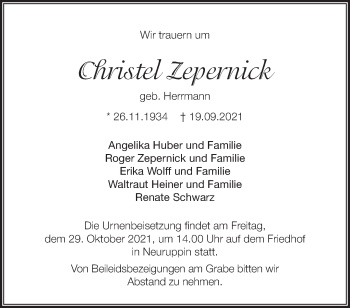 Traueranzeige von Christel Zepernick von Märkische Oderzeitung