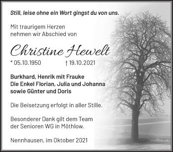 Traueranzeige von Christine Hewelt von Märkische Oderzeitung