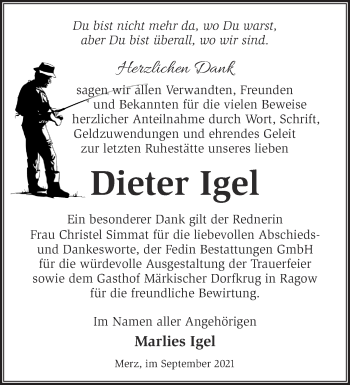 Traueranzeige von Dieter Igel von Märkische Oderzeitung