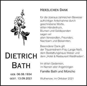 Traueranzeige von Dietrich Bath von Märkische Oderzeitung