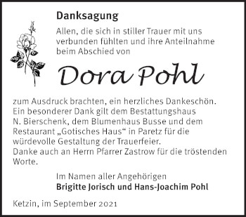 Traueranzeige von Dora Pohl von Märkische Oderzeitung