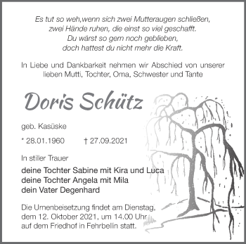 Traueranzeige von DoriS Schütz von Märkische Oderzeitung