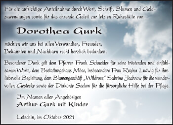 Traueranzeige von Dorothea Gurk von Märkische Oderzeitung